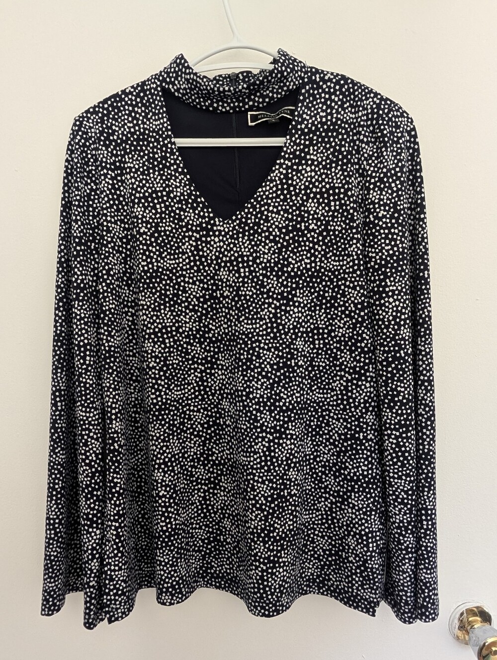 Melanie Lyne Navy Geometric Mock Neck Top Flare Bell Sleeve Lined Front Size S/P